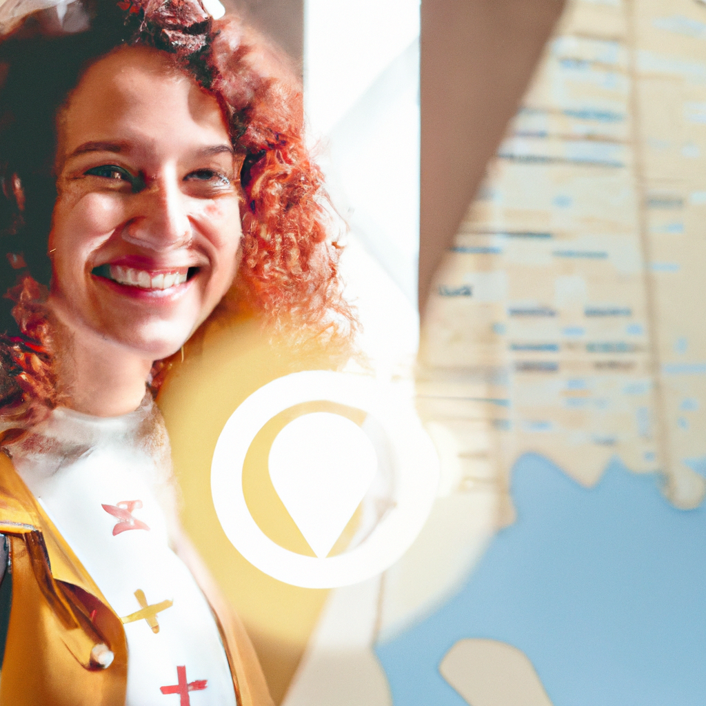 Traveler smiling with a map, badges glowing on the corner of the photo